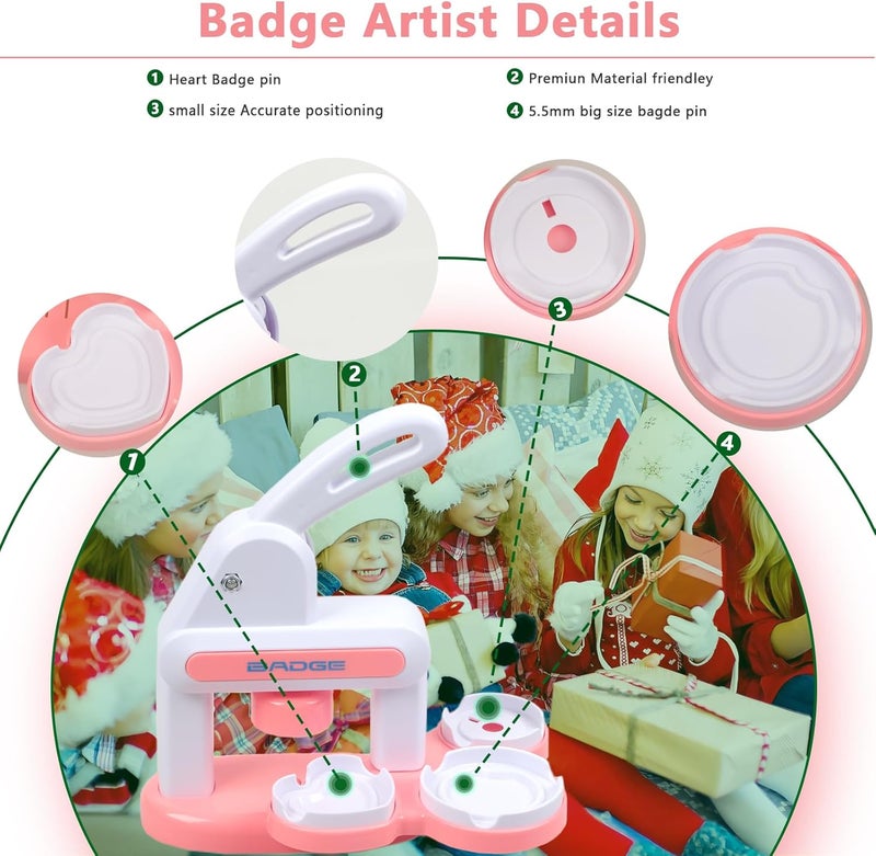 Lymoc Badge Maker Machine with 3 Pins Sharp,Upgrade Button Maker Artist DIY Pin Maker Press Machine Badge Punch Kit with 86 pcs Button Parts Circle Cutter Present Installation-Free,Pink - Image 5